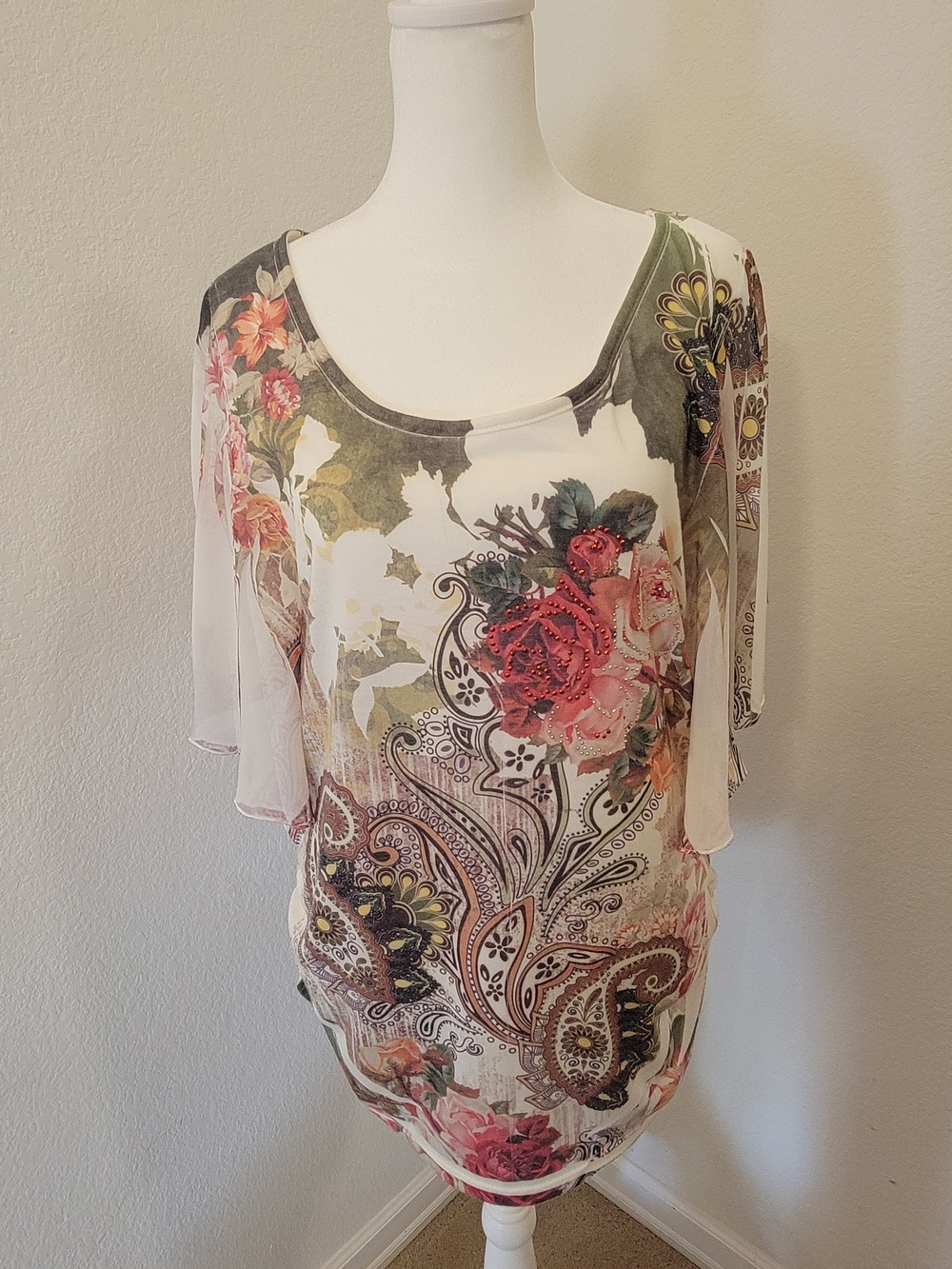 Espresso Floral Paisley Scoop Neck Tunic - Pink, Green, Brown - Large